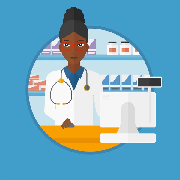 Pharmacist at counter with computer monitor. — Stockvector