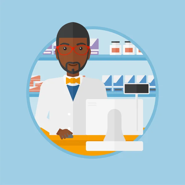 Pharmacien au comptoir avec caisse . — Image vectorielle