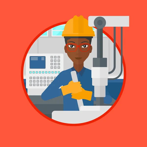 Mujer trabajando en perforadora industrial . — Vector de stock