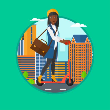 Kadın tekme scooter vektör çizim sürme.