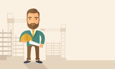 Genç inşaat işçisi kask ve plan holding.