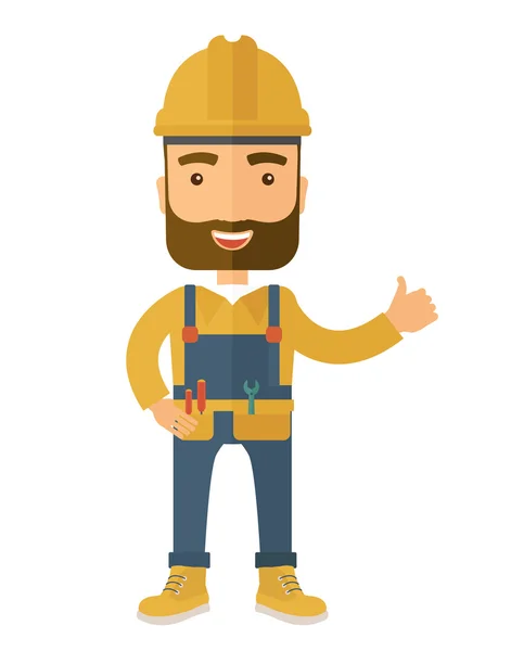 Illustration of a happy carpenter wearing hard hat and overalls — Stock Photo, Image