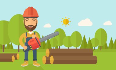 Oduncu bir ağaç tarafından chainsaw keser.
