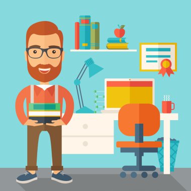 öğrenci veya kitapların bir yığınına taşıyan öğretim görevlisi.