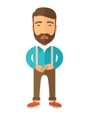 Man standing while holding his stomach has a abdominal pain. clipart