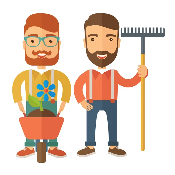 Two men with wheelbarrow and rake. — Stock Photo, Image