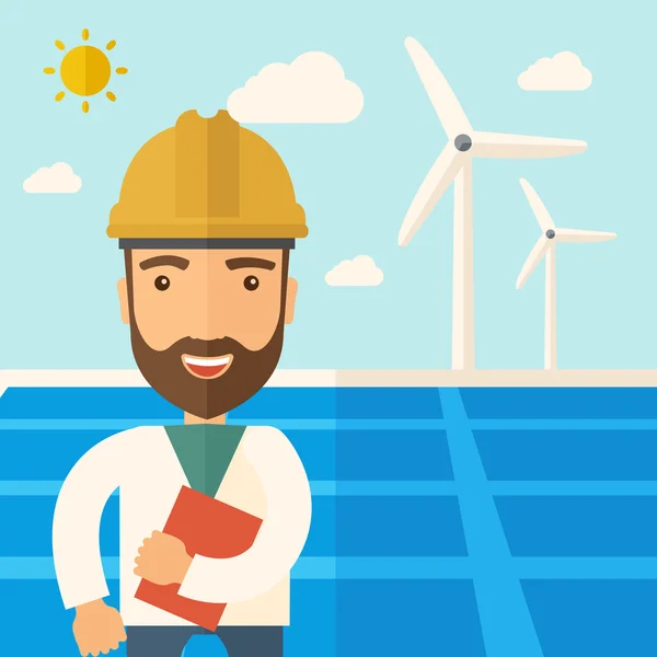 Man in solar panel and windmills. — Stock Photo, Image