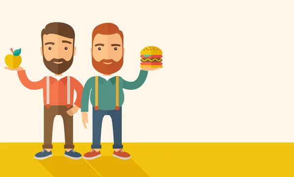 Два бизнесмена сравнивают яблоко с гамбургером . — стоковое фото