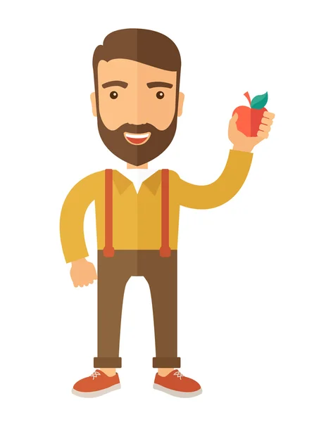 Szczęśliwy człowiek posiadający czerwone jabłko. — Zdjęcie stockowe