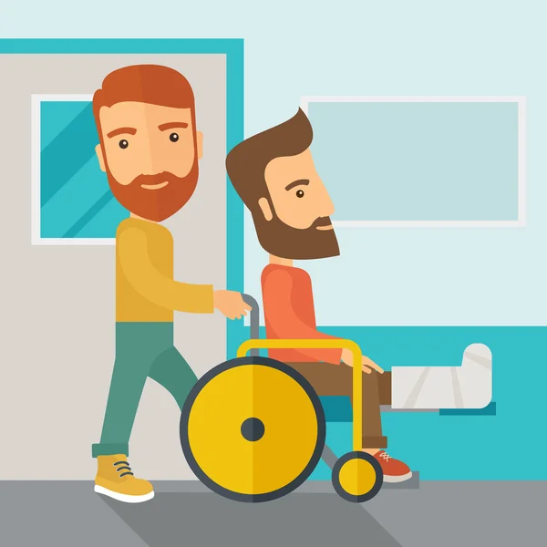 Man pushing the wheelchair with broken leg patient. — Stock fotografie