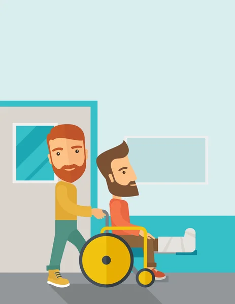 Man pushing the wheelchair with broken leg patient. — Stockfoto