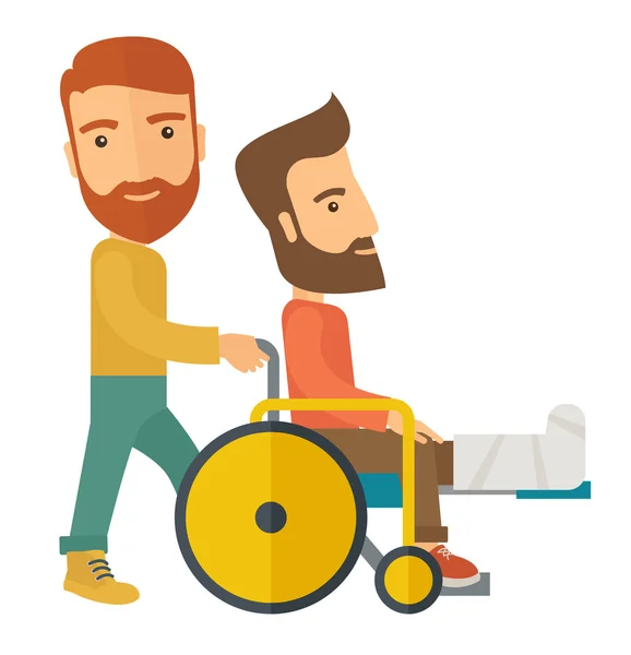 Hombre empujando la silla de ruedas con la pierna rota paciente . — Foto de Stock