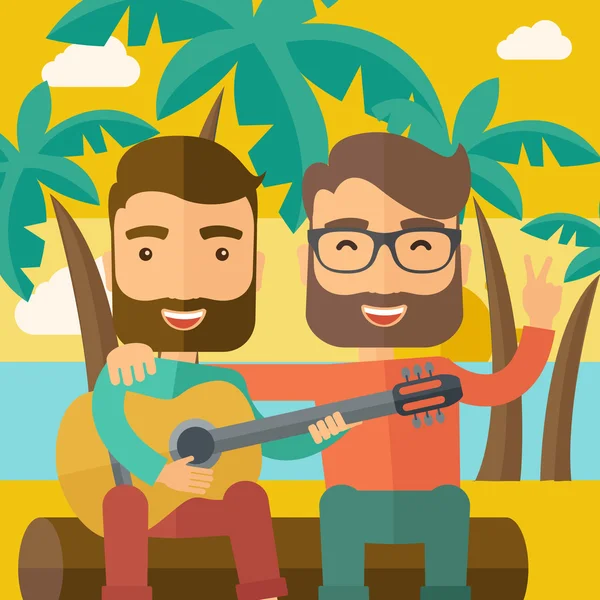 Two men playing a guitar at the beach — Stockfoto