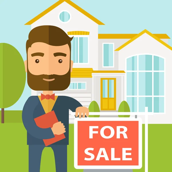 Real estate agent standing beside the for sale placard. — Stok fotoğraf