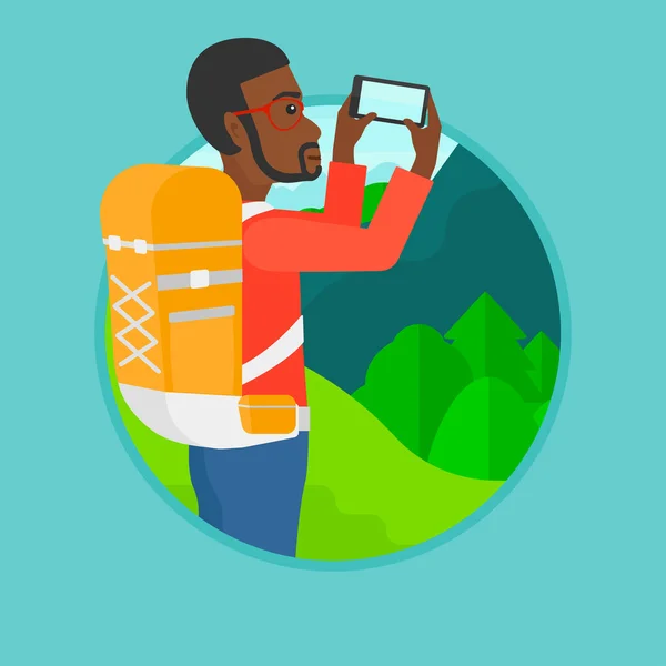 Tourist with backpack taking photo. — Stock Vector