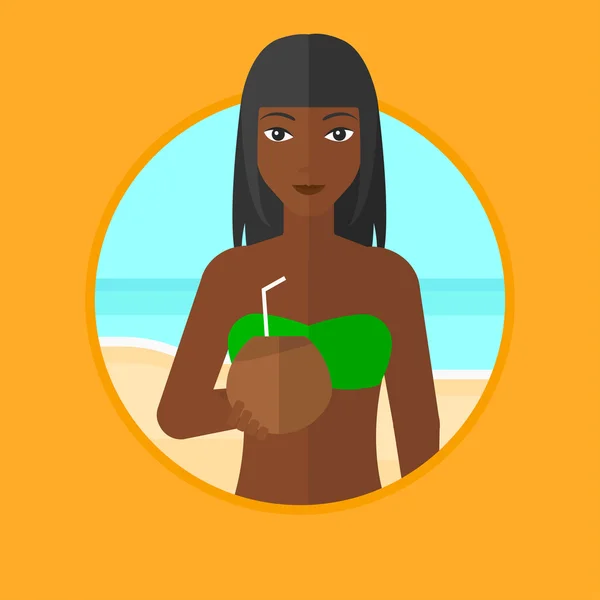 Woman drinking coconut cocktail on the beach. — ストックベクタ