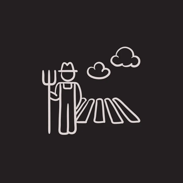 Farmer with pitchfork at field sketch icon. — Stock Vector