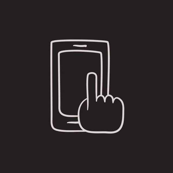 Dedo apontando para o ícone do esboço do telefone inteligente . — Vetor de Stock