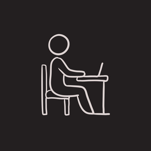Student working on laptop sketch icon.