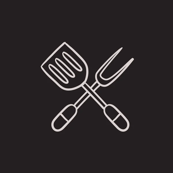 Kitchen spatula and big fork sketch icon. — Stock Vector