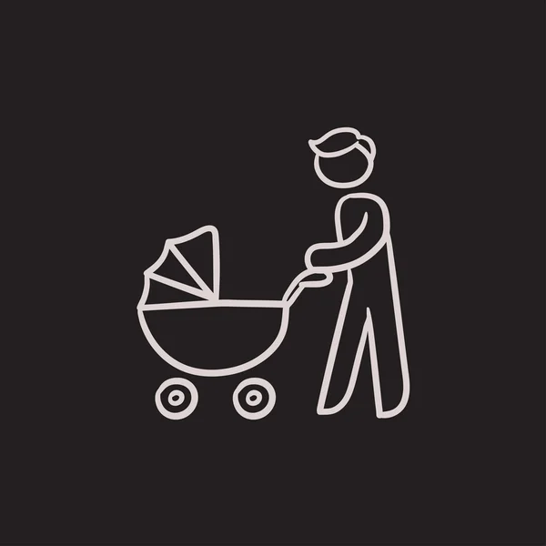 Man gå med baby stroller skiss ikon. — Stock vektor