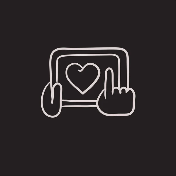 Hands holding tablet with heart sign sketch icon. — Stock Vector