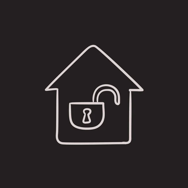 Casa con icona a schizzo a serratura aperta . — Vettoriale Stock
