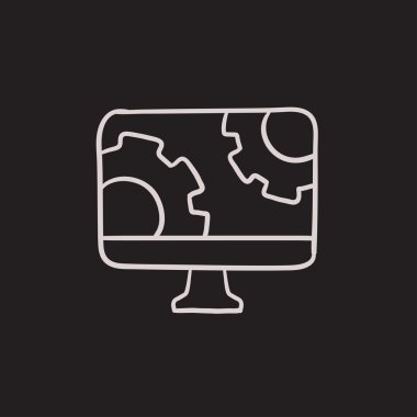 Bilgisayar monitörü gears ile kroki simgesi.