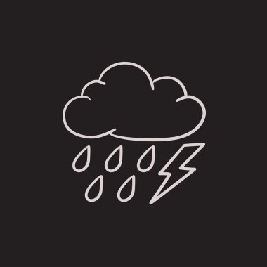 Bulut ile yağmur ve yıldırım cıvata kroki simgesi.