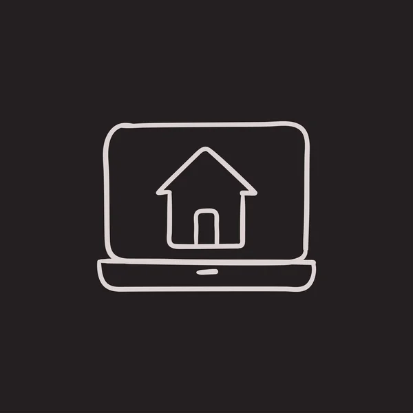 Ordenador portátil con casa en el icono del boceto de pantalla . — Vector de stock