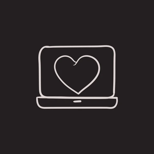 Laptop with heart symbol on screen sketch icon. — Stock Vector
