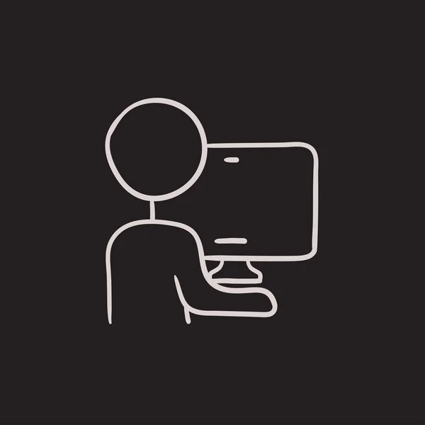 Homem trabalhando em seu ícone de esboço de computador . — Vetor de Stock