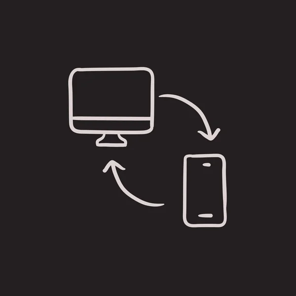 Computer di sincronizzazione con icona dello schizzo del telefono . — Vettoriale Stock