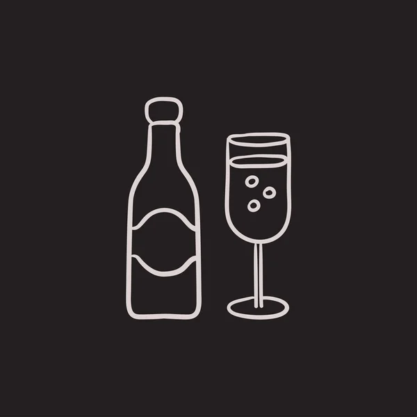 Botella de champán y dos copas icono de boceto . — Vector de stock