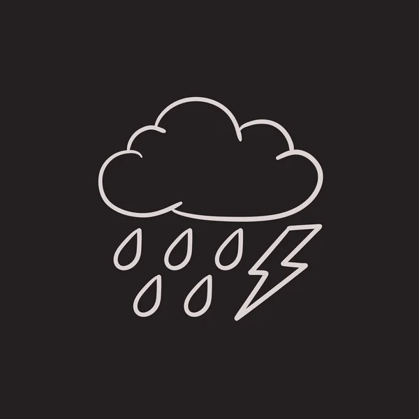 Cloud with rain and lightning bolt sketch icon. — Stock Vector