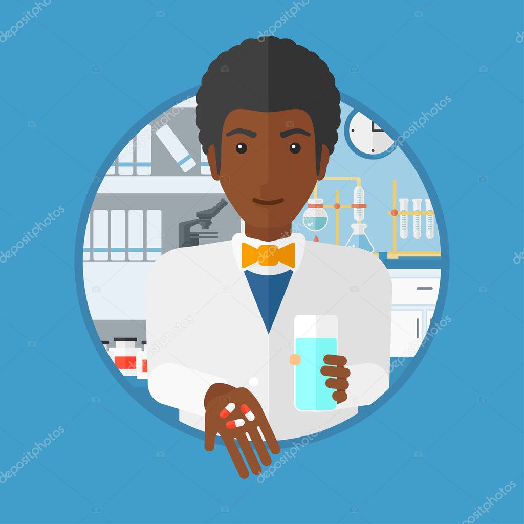 Pharmacist giving pills and glass of water.