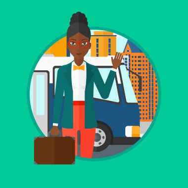 Woman travelling by bus vector illustration.