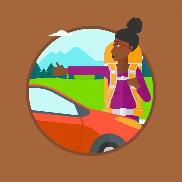 Young woman hitchhiking vector illustration. — Stock Vector