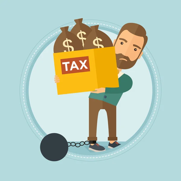 Geketende zakenman uitvoering zakken vol van belastingen. — Stockvector