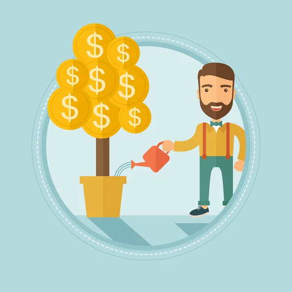 Hombre riego árbol de dinero vector ilustración . — Vector de stock