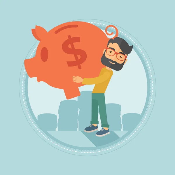 Businessman carrying big piggy bank. — Stock Vector