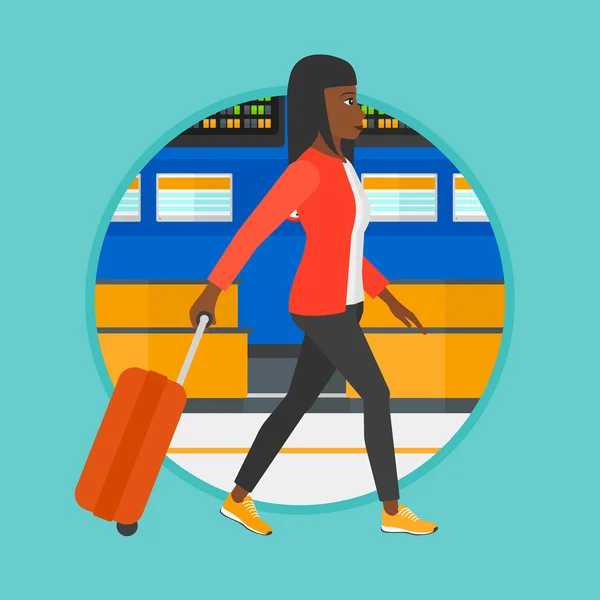 Woman walking with suitcase at the airport. — Stock Vector