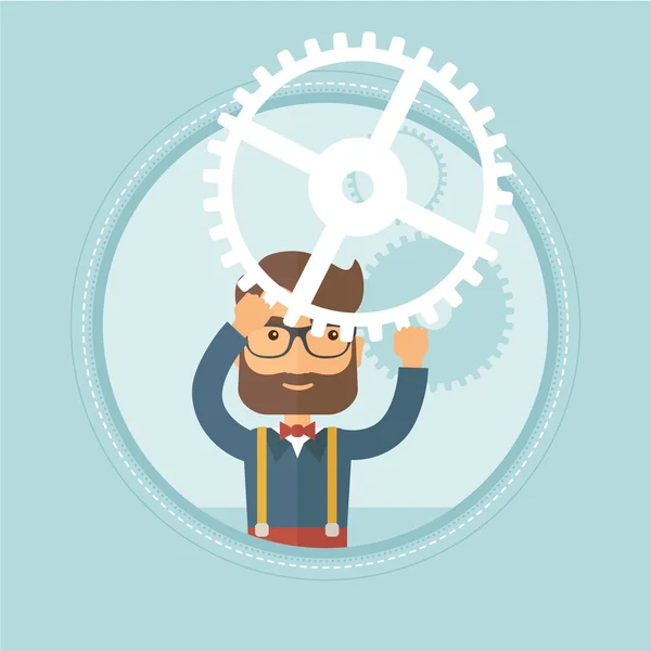 Businessman holding cogwheel above his head. — Stock Vector