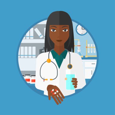 Eczacı hapları ve su vererek.