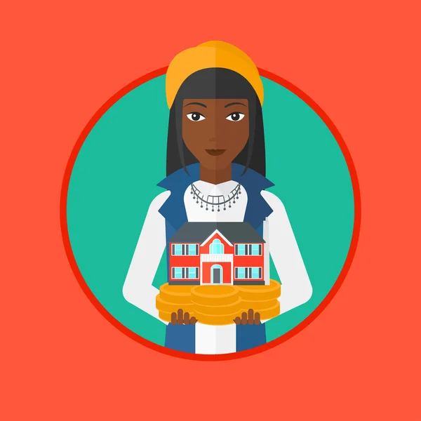 Femme holding maison modèle vectoriel illustration . — Image vectorielle