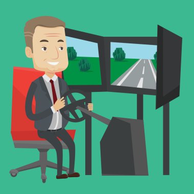 Adam oyun tekerleği ile bilgisayar oyunu oynamak.