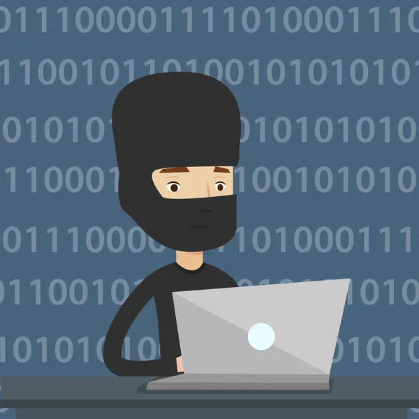 Hacker usando laptop para robar información . — Vector de stock