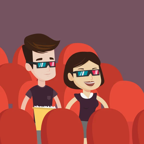 Casal feliz assistindo filme 3D no teatro . — Vetor de Stock