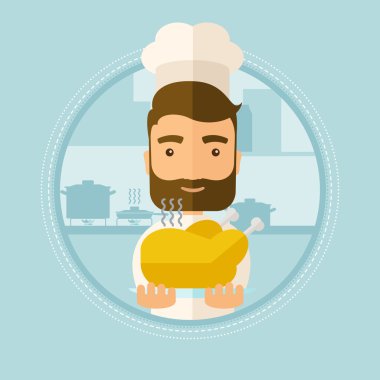 Şef tencere tutarak kavrulmuş tavuk.