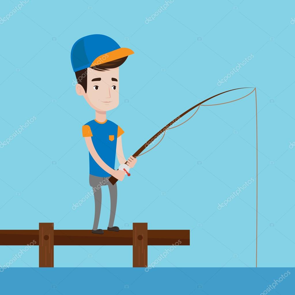Man Fishing On Jetty Vector Illustration Stock Vector